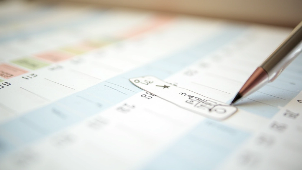 Calendario anual abierto con anotaciones de gastos mensuales, bolígrafos de colores, planificación anual