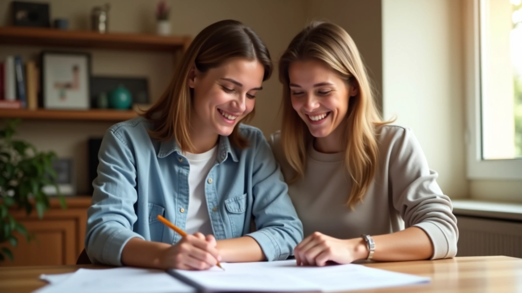 Pareja adulta sonriendo mientras revisa documentos de planificación financiera en escritorio con luz natural
