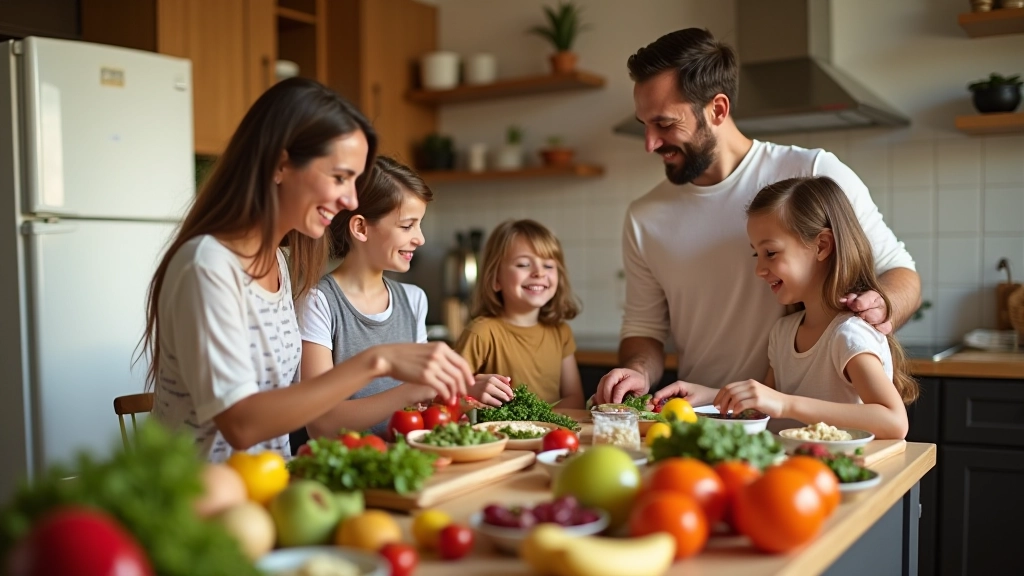 Familia en la cocina preparando comida juntos, sonriendo, ingredientes frescos en la mesa, luz natural