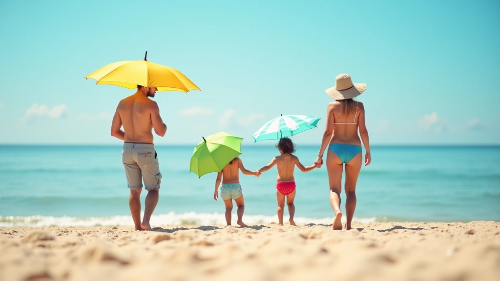 Familia en playa durante vacaciones de verano con sombrillas de colores y maletas