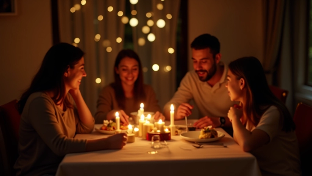 Familia reunida alrededor de una mesa festiva con regalos y decoraciones navideñas, iluminación cálida, atmósfera de celebración