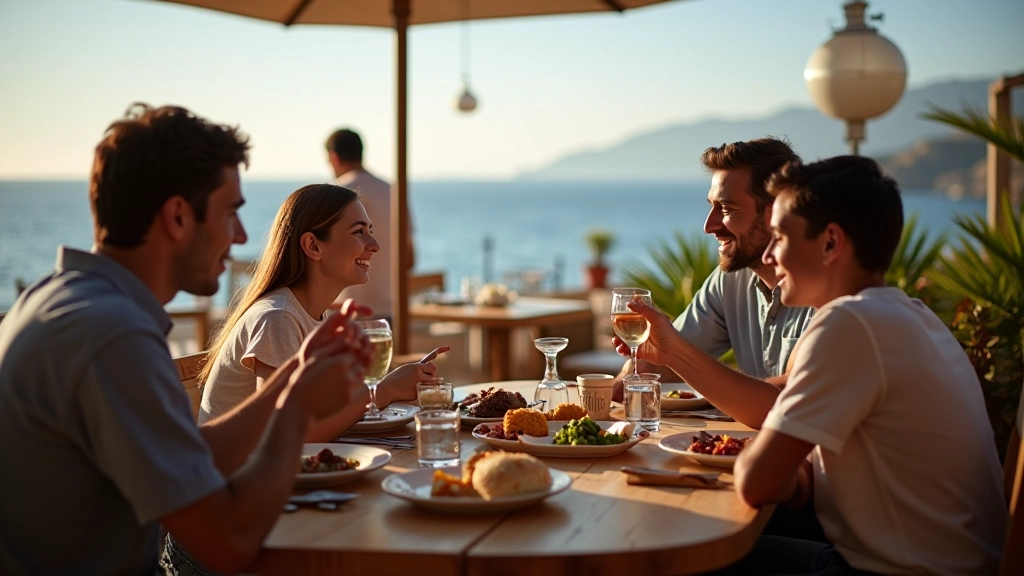 Familia comiendo en restaurante costero español, mesa de madera con comida tradicional, vista al mar de fondo, momento de conexión familiar