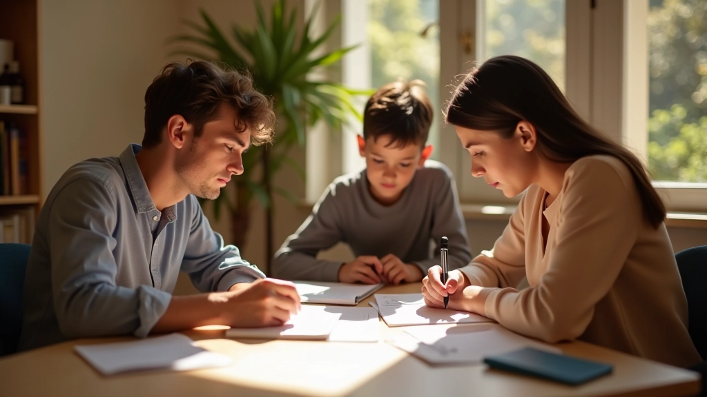Familia planificando presupuesto anual con calendario