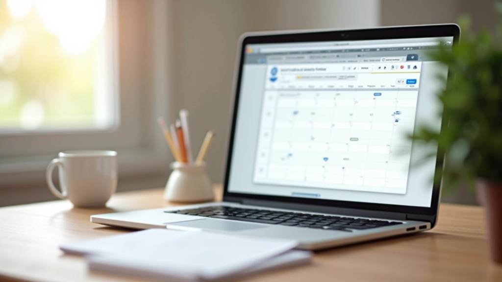 Laptop abierto mostrando búsqueda de vuelos, taza de café al lado, calendario de papel, ambiente de planificación de viajes, escritorio minimalista