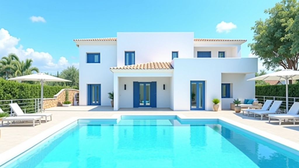 Casa de vacaciones mediterránea con piscina, terraza con vistas al mar, arquitectura blanca y azul, día soleado, fotografía profesional de propiedad