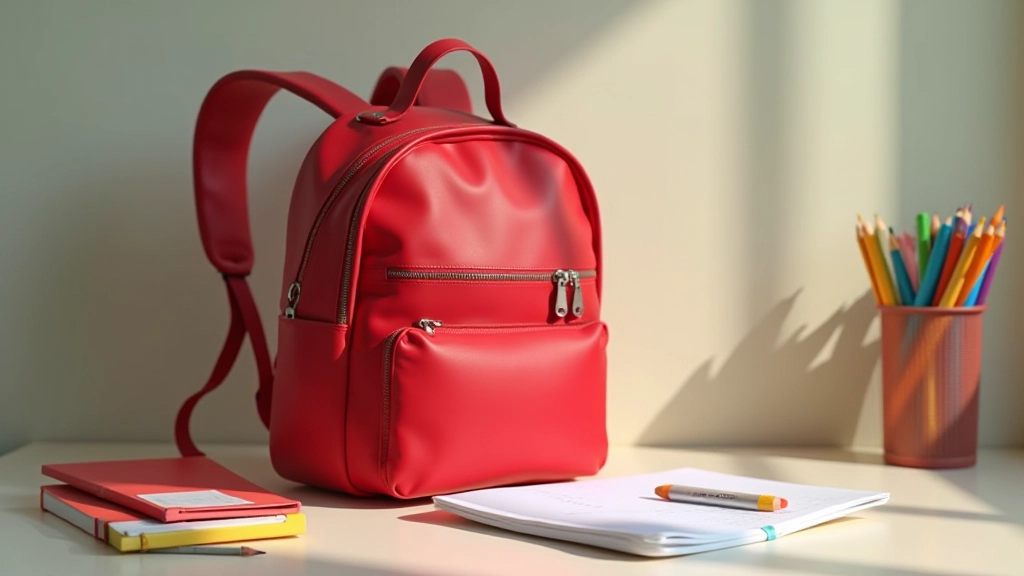 Mochila escolar roja junto a lápices de colores y cuadernos nuevos sobre escritorio