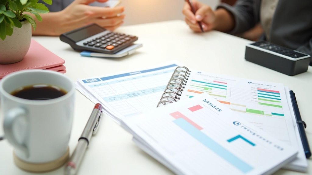 Escritorio de planificación financiera con calendario anual y notas de presupuesto