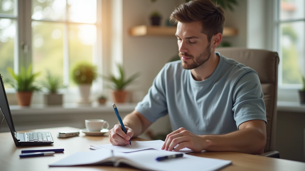 Persona escribiendo en un cuaderno con calculadora y gráficos presupuestarios sobre mesa de madera, ambiente de trabajo doméstico, luz natural suave