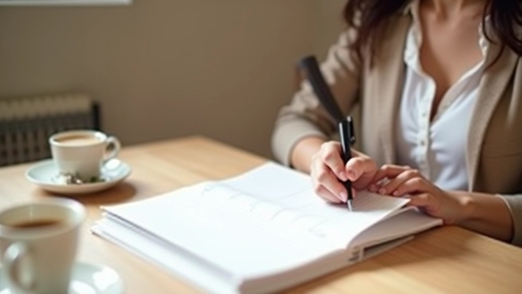 Persona escribiendo en un cuaderno una lista de gastos navideños, con una taza de café al lado, escritorio ordenado