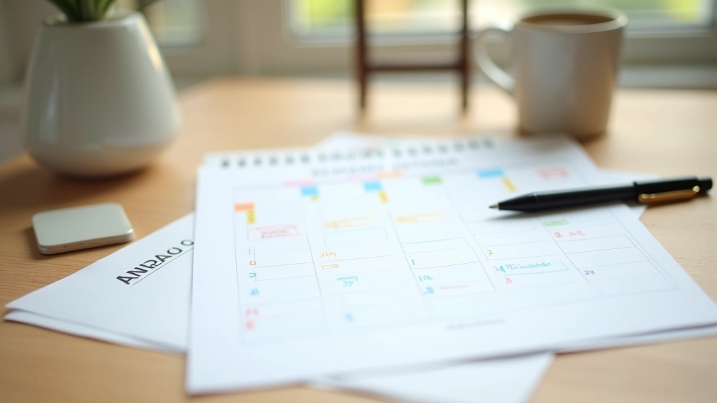 Calendario anual impreso sobre escritorio con notas de gastos mensuales marcados en colores