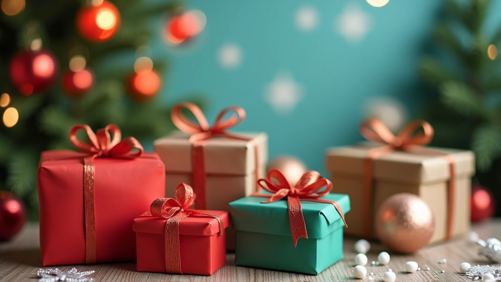 Regalos navideños coloridos sobre fondo festivo para presupuesto de Navidad en diciembre