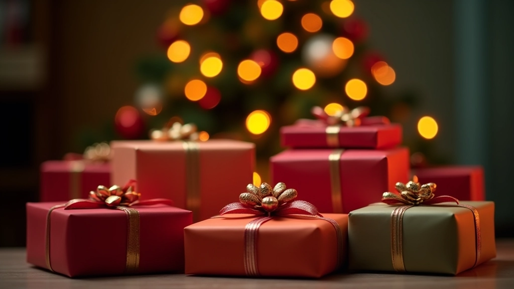 Regalos navideños envueltos en papeles de colores bajo árbol de Navidad iluminado