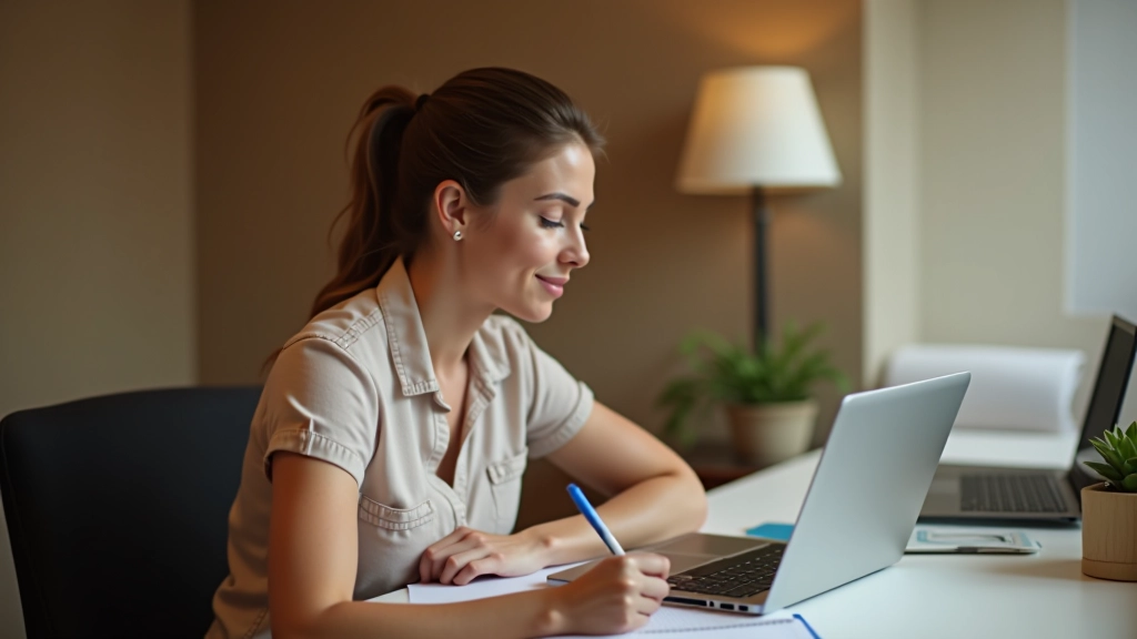 Persona tomando notas en cuaderno mientras revisa extractos bancarios en pantalla de laptop